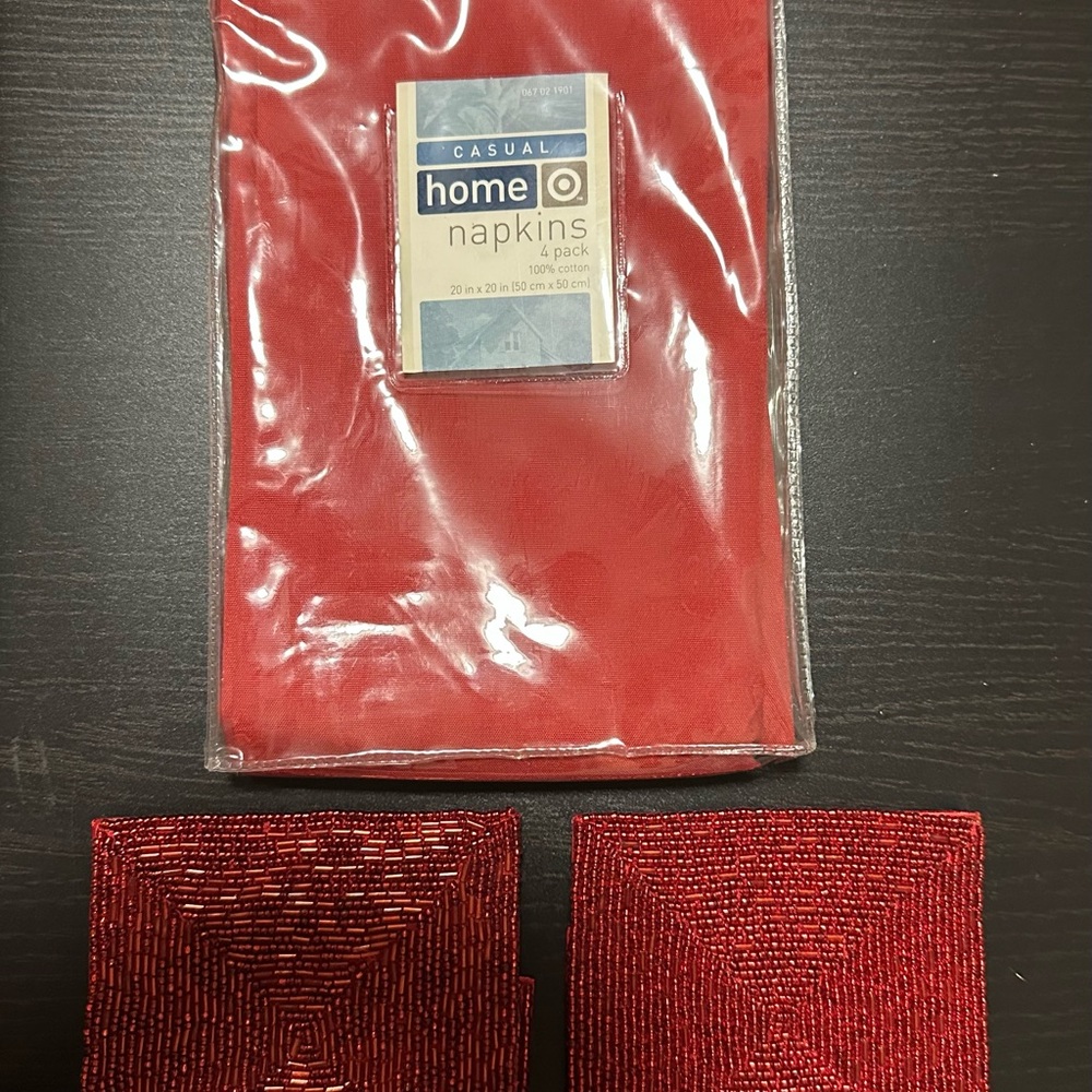 Vibrant Red Napkin and Red Beaded Coaster Set